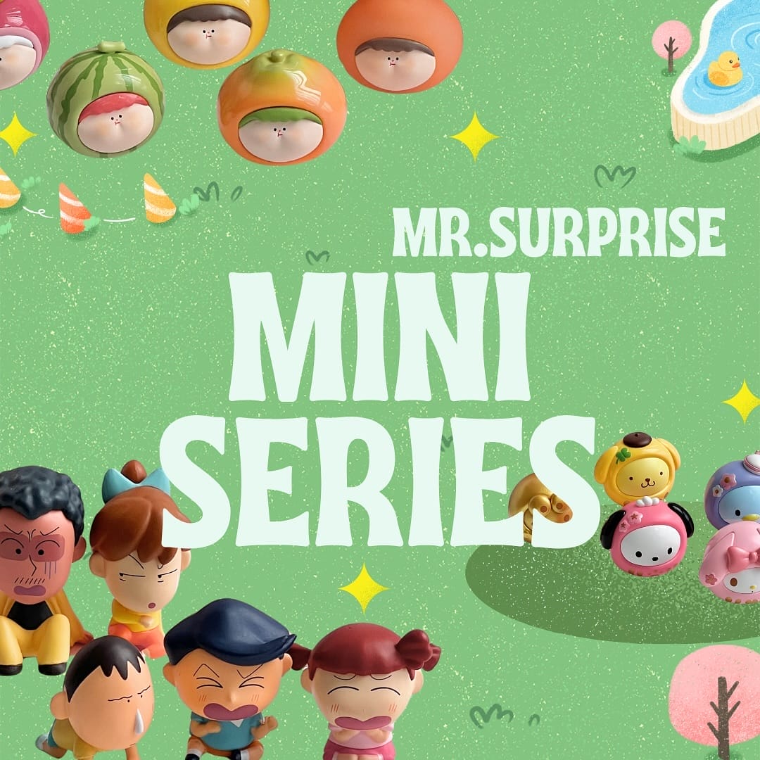 An image featuring various mini collectible figurines from the Mr. Surprise Mini Series, arranged on a green background.