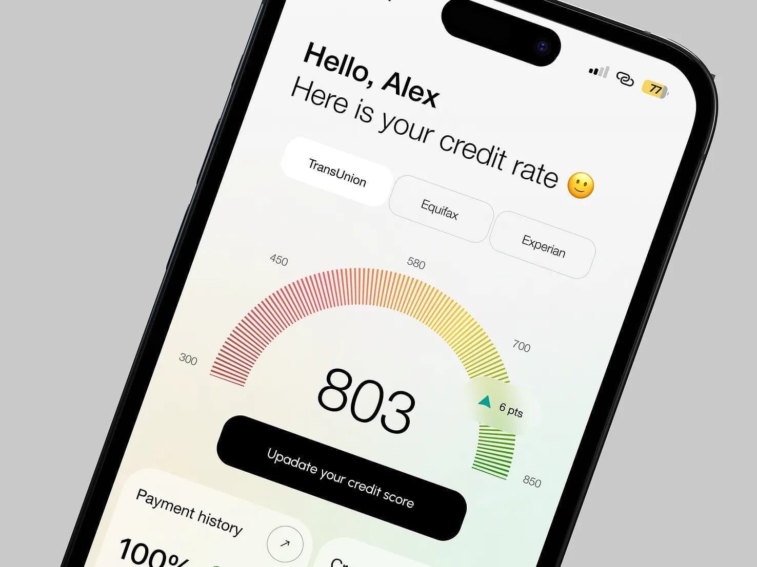 A smartphone screen displays a credit score of 803 with a gauge showing credit rating levels. The interface includes options for TransUnion, Equifax, and Experian.