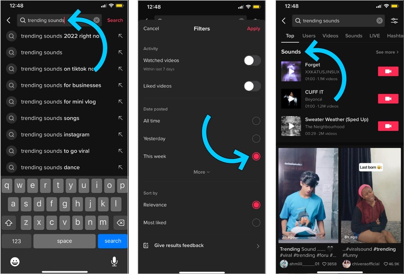A three-panel screenshot tutorial showing how to find trending sounds on TikTok. The first panel displays a search bar with 'trending sounds' typed in. The second panel highlights the filter settings with 'This week' selected. The third panel shows the search results under the 'Sounds' tab, listing popular trending audio clips.