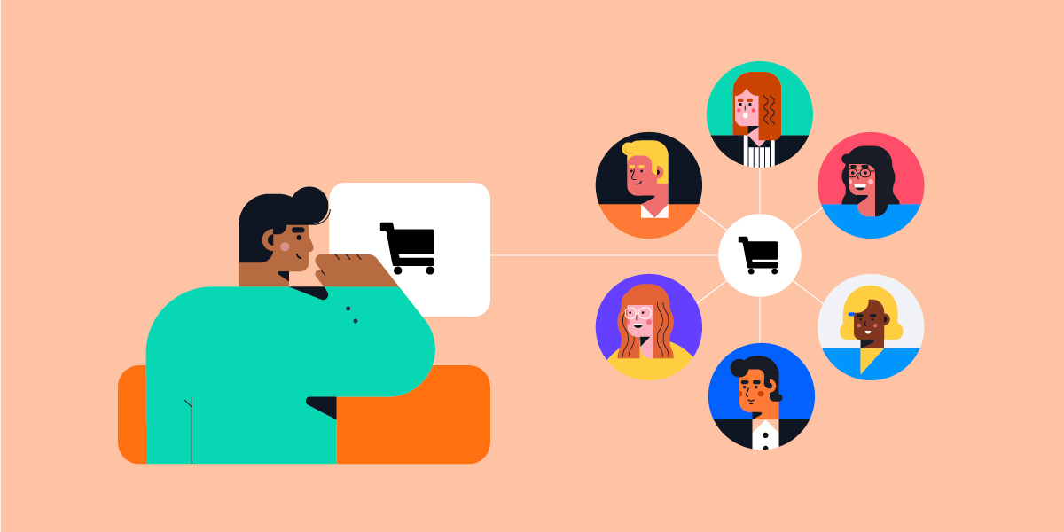 Illustration of a person sitting on an orange couch, speaking into a speech bubble containing a shopping cart icon. The speech bubble is connected to multiple diverse user profile icons, symbolizing social commerce, online shopping influence, or digital marketing.
