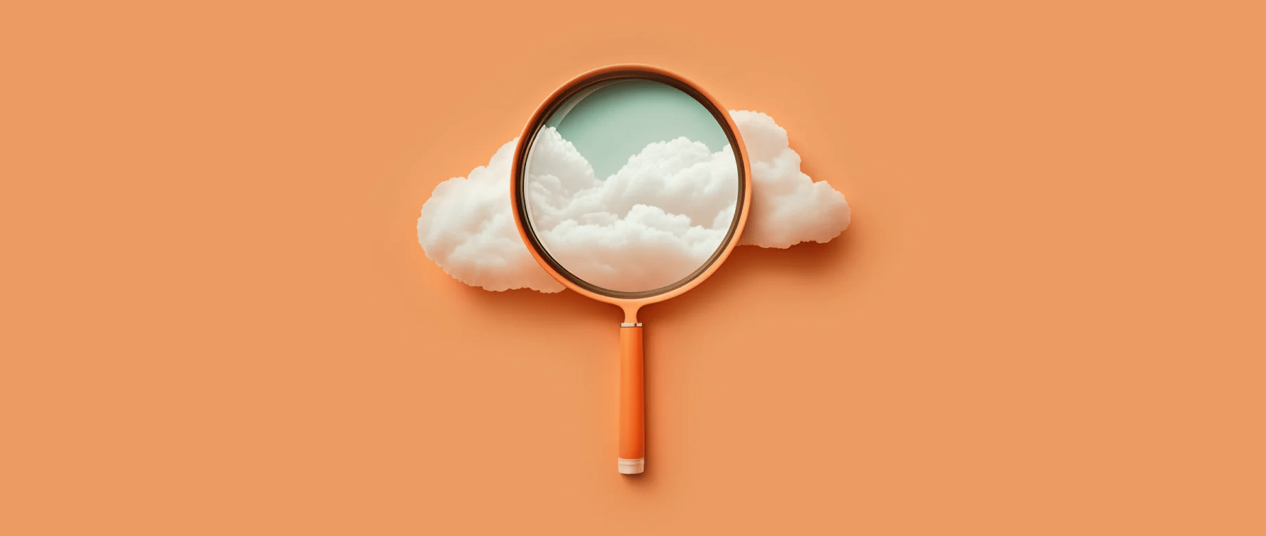 Conceptual illustration featuring an orange magnifying glass placed over a fluffy white cloud against a matching orange background. The magnifying glass reveals a clear blue sky behind the cloud, symbolizing clarity, insight, or discovery.