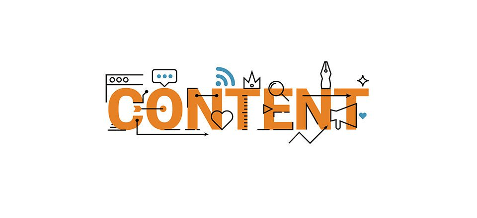 Creative typographic illustration of the word 'CONTENT' in bold orange letters, integrated with digital and media-related icons such as a speech bubble, web elements, a pen nib, a heart, and geometric shapes, symbolizing content creation and digital marketing.