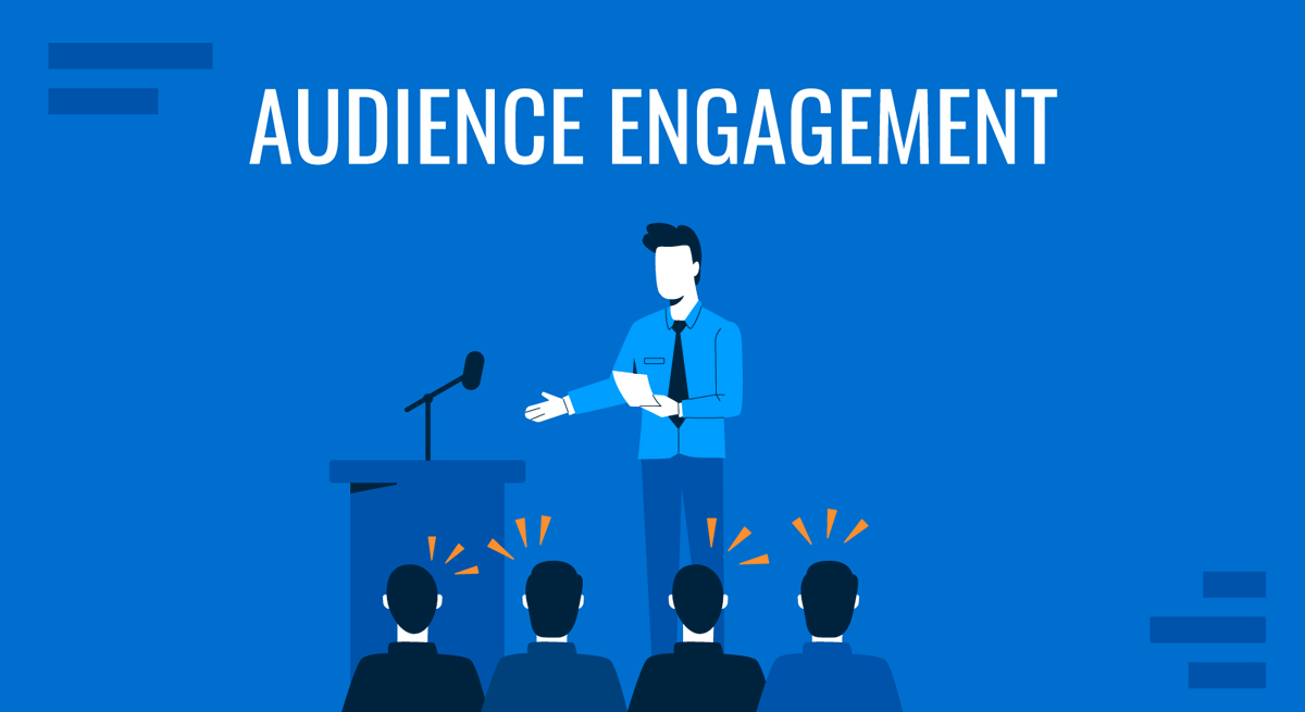 Illustration of a speaker at a podium engaging an audience, with the text 'AUDIENCE ENGAGEMENT' prominently displayed at the top. The image uses a blue color scheme, and the audience members are depicted with reaction lines indicating engagement and attentiveness.