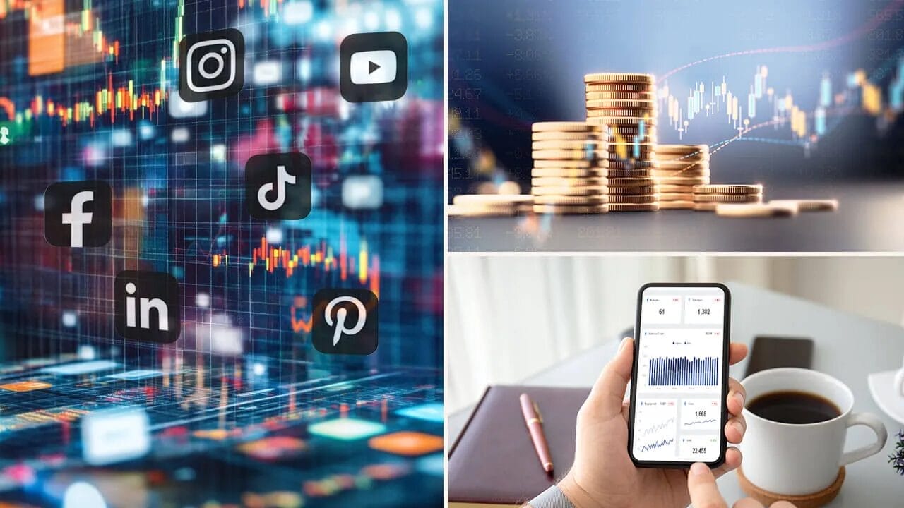 "Collage of three interconnected digital marketing and finance-related images. The left panel features floating social media icons, including Instagram, Facebook, TikTok, LinkedIn, Pinterest, and YouTube, over a stock market-style background. The top-right panel shows stacks of coins with a financial graph, symbolizing investment and economic growth. The bottom-right panel depicts a person analyzing analytics on a smartphone while having coffee, representing digital marketing performance tracking and financial management.