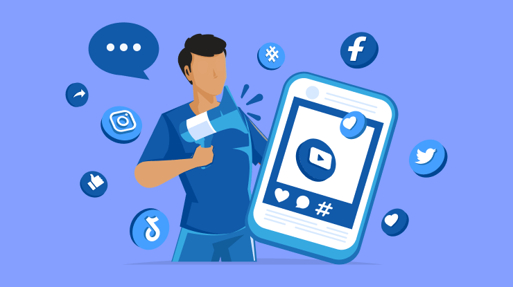 Illustration of a faceless man holding a megaphone, symbolizing digital marketing or social media promotion. Surrounding him are various social media icons, including Facebook, Instagram, Twitter, TikTok, and hashtags, while a large smartphone screen displays a social media post, emphasizing content creation and engagement.