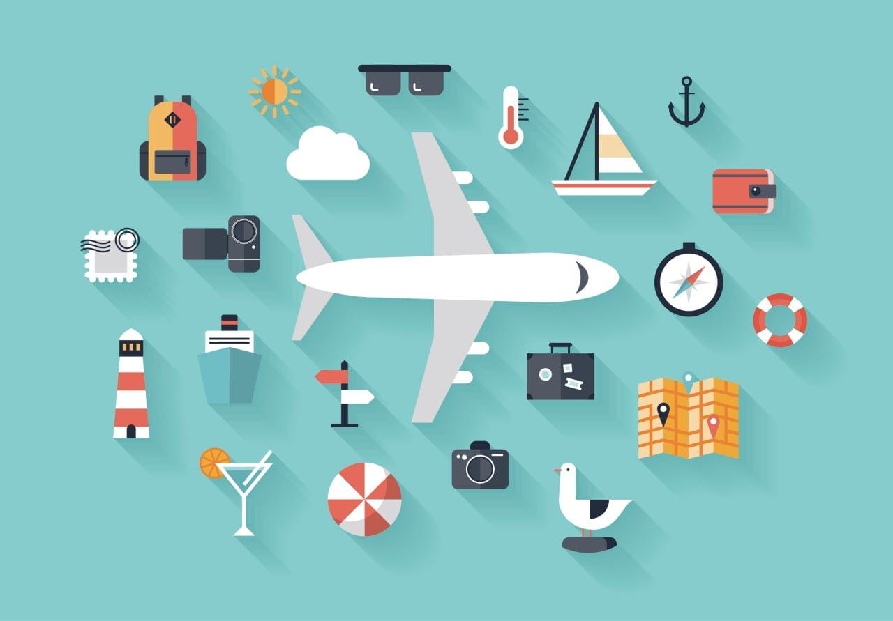 Flat-style travel-themed illustration featuring a large airplane in the center, surrounded by various vacation-related icons such as a backpack, compass, sunglasses, map, lifebuoy, cocktail, camera, sailboat, and lighthouse. The background is a light blue color, symbolizing travel, adventure, and exploration.