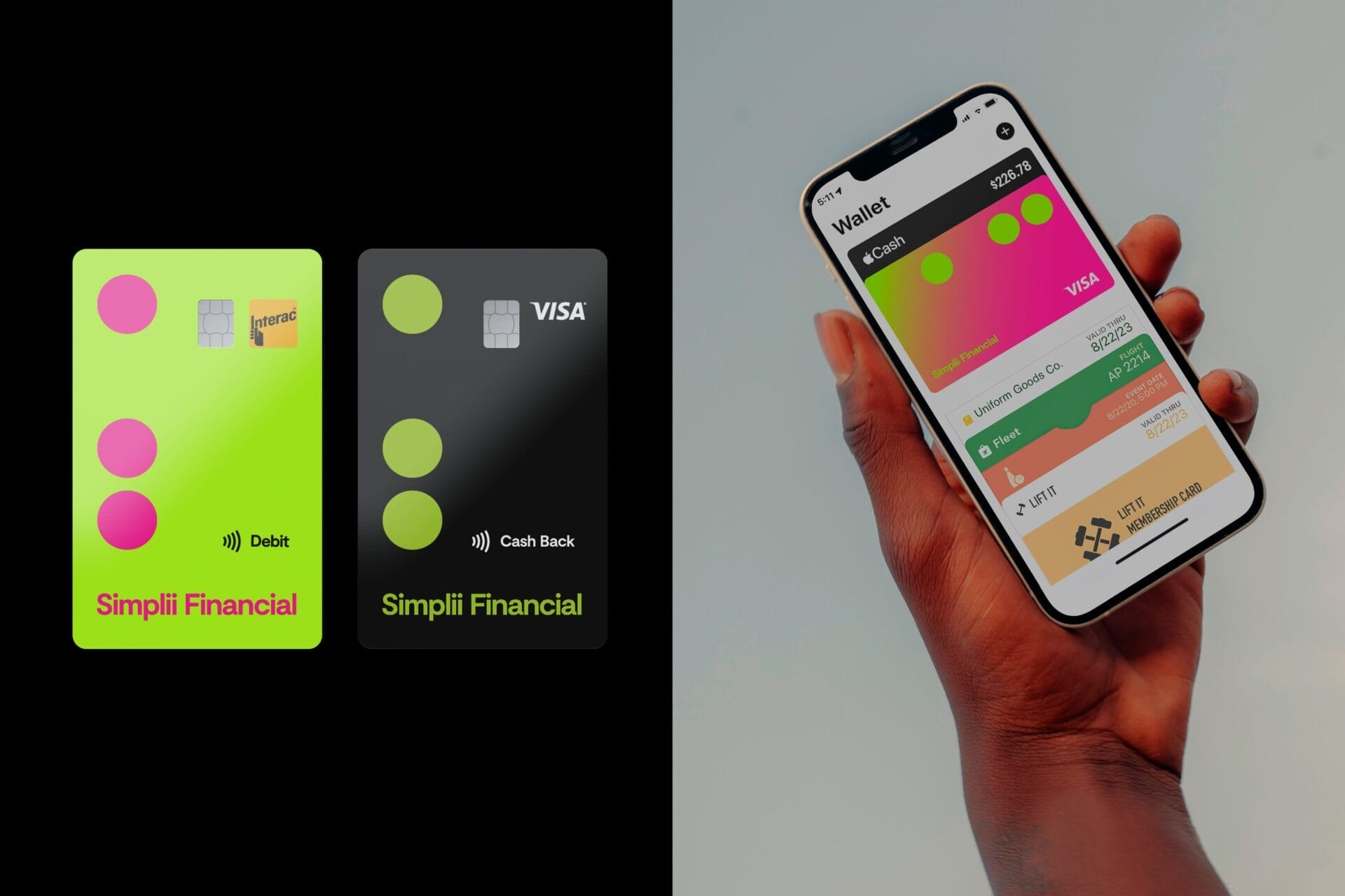 Two Simplii Financial cards, one neon green debit card and one black cashback Visa, displayed on the left. On the right, a hand holds a smartphone showing a digital wallet with a Simplii Financial card and other stored cards.