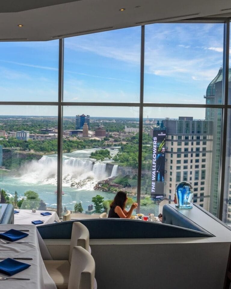 A restaurant's dining area overlooking the Niagara Falls