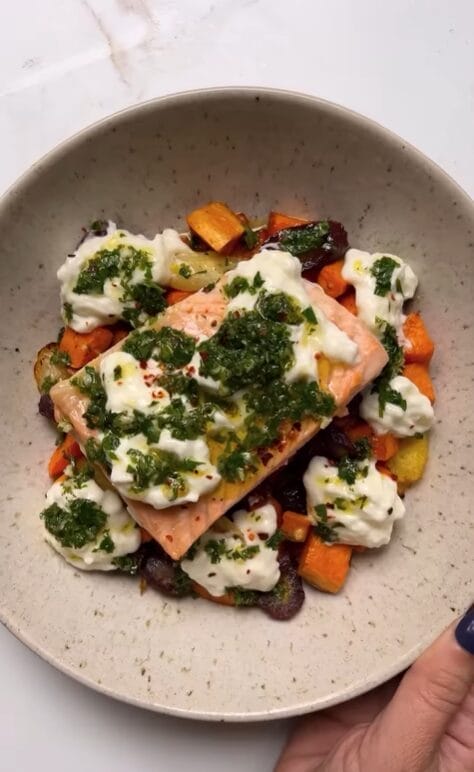 salmon and roasted veggies with burrata and gremolata when you want that nutritious salmon and vegetable dinner but want to make it a little more exciting