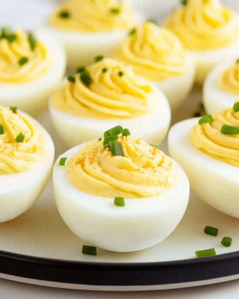 A plate of deviled eggs with fresh herbs on top