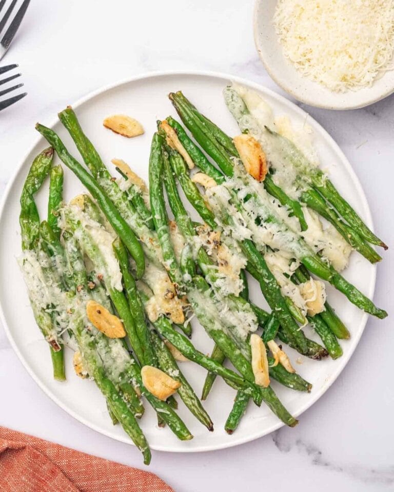 Parmesan garlic green beans on a plate