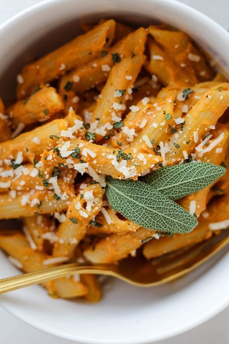 Pumpkin and sage pasta in a bowl