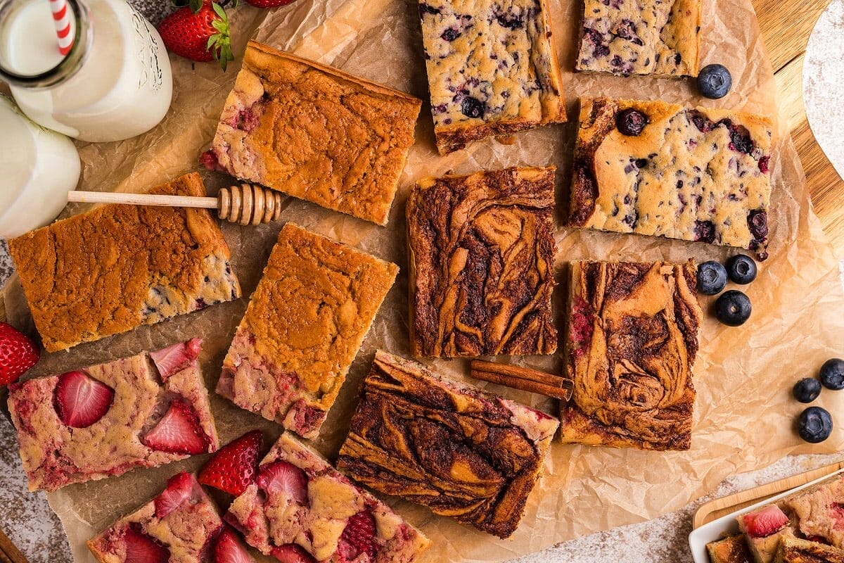 Sheet pan buttermilk pancakes with various toppings and fillings