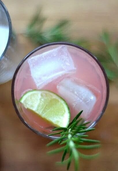 Birds-eye view of a glass of rhubarb spring fling cocktail