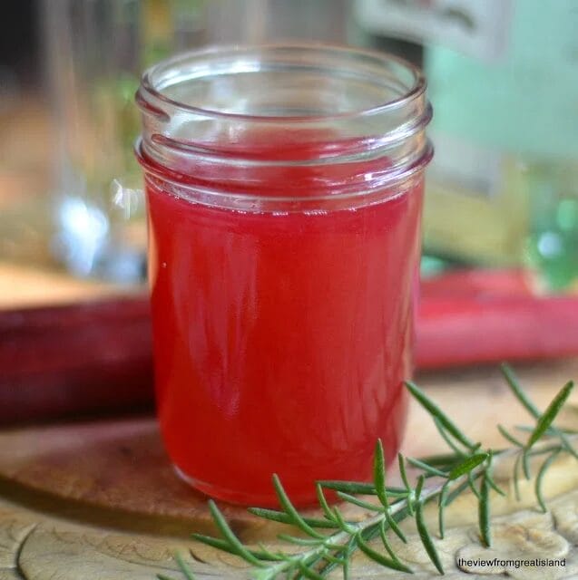 Rhubarb simple syrup in a jar