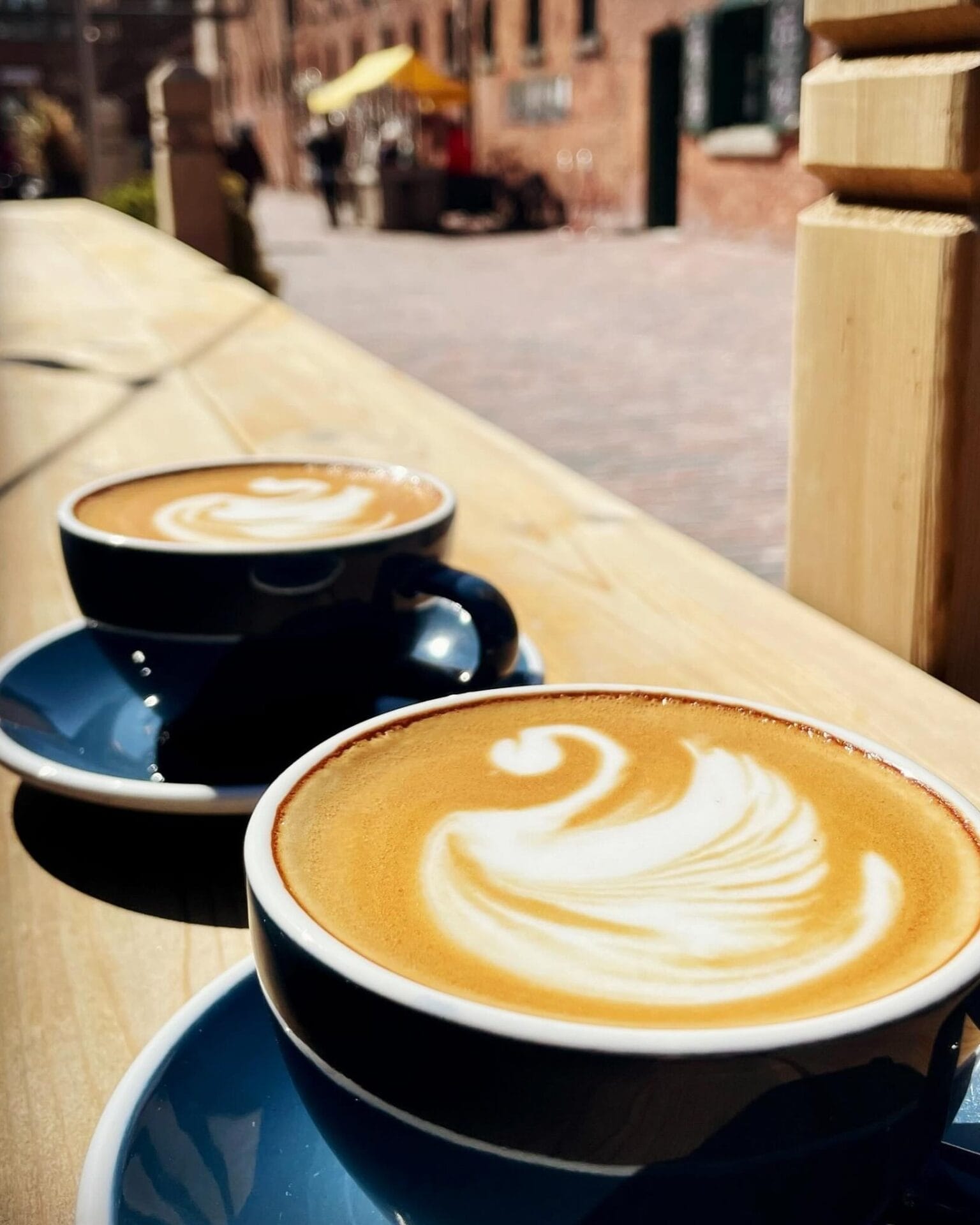 Artfully crafted swan latte art in a blue cup on a sunlit wooden patio in Toronto’s Distillery Historic District