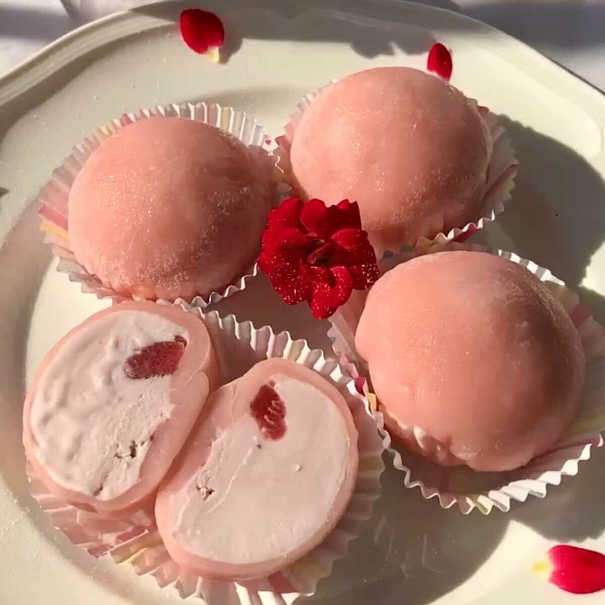 pink mochi plated beautifully
