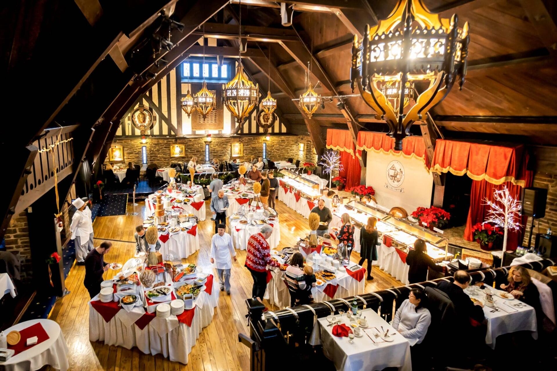 customers at brunch buffet in an elegant classical setting