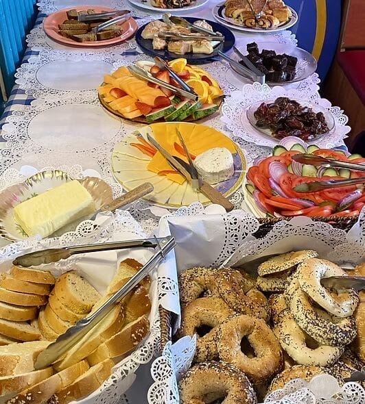 buffet breakfast featuring traditional jewish food