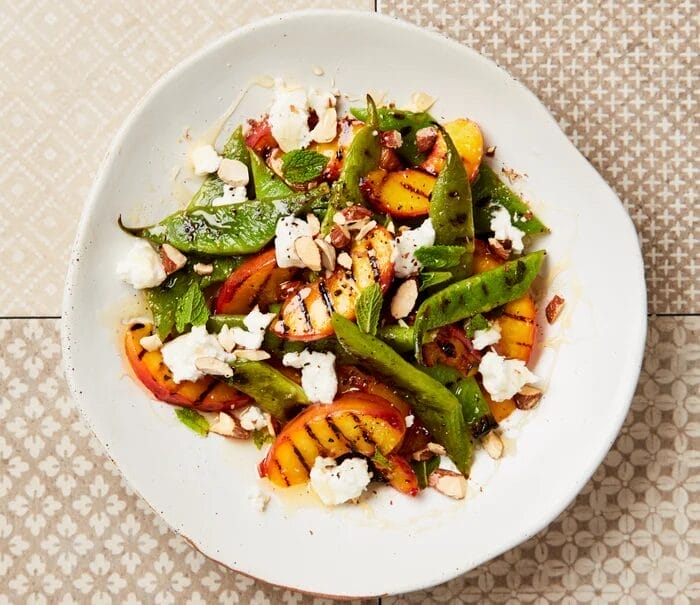 Grilled Peaches and Runner Beans with Goat Cheese
