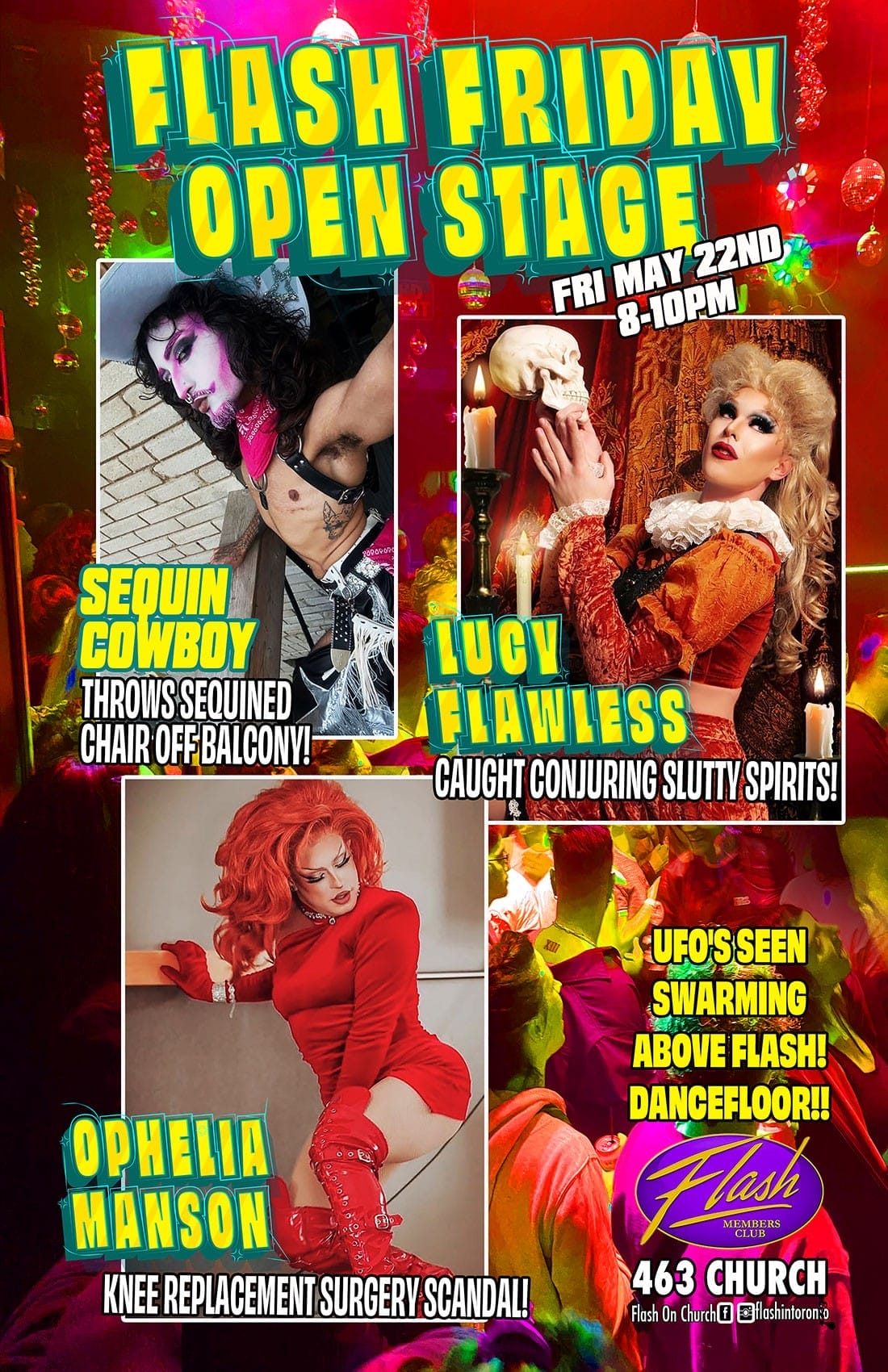 Colourful Flash on Church open stage event poster featuring drag performers in theatrical costumes and bold typography.