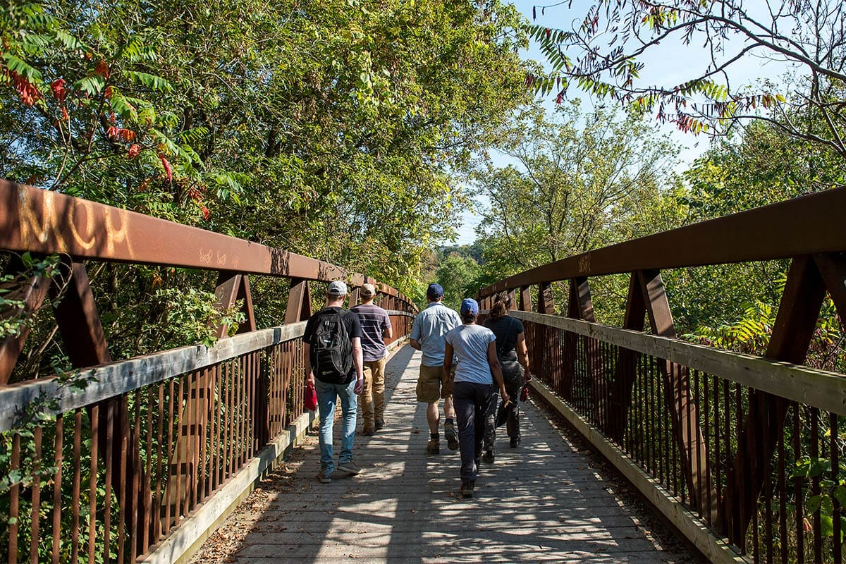 People walking across a bridge during the Father’s Day 10K Walk and BBQ in Toronto