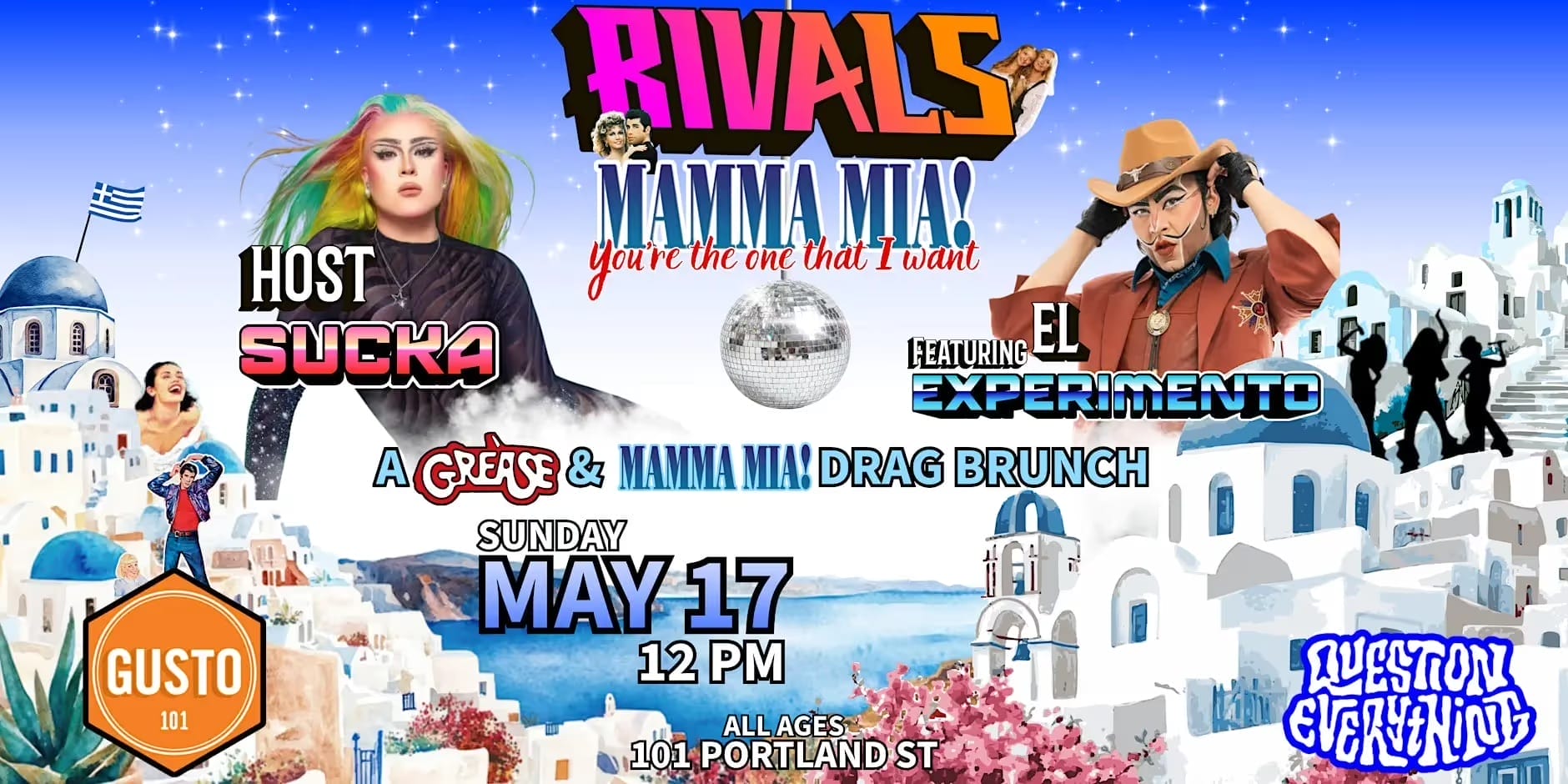 Best drag brunches in Toronto event graphic for a Grease and Mamma Mia themed drag brunch at Gusto 101.