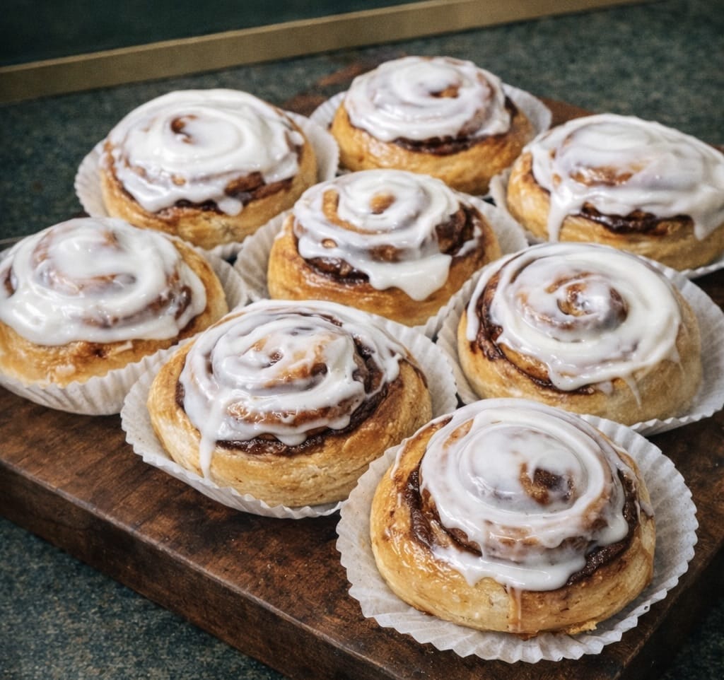 Fresh cinnamon rolls with cream cheese icing from hidden gem Panemor  in Toronto