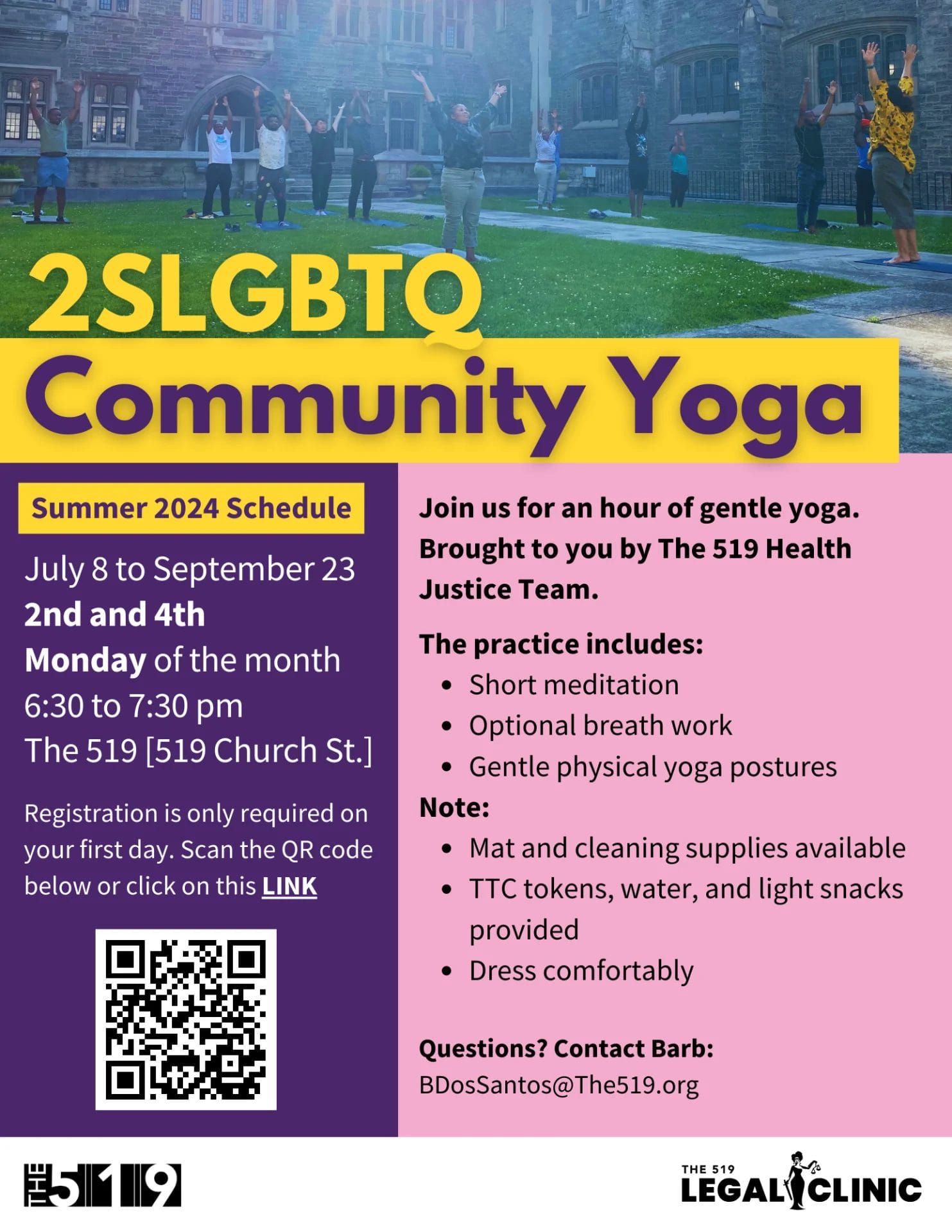 Community members participating in a 2SLGBTQ+ yoga session hosted at The 519 in Toronto