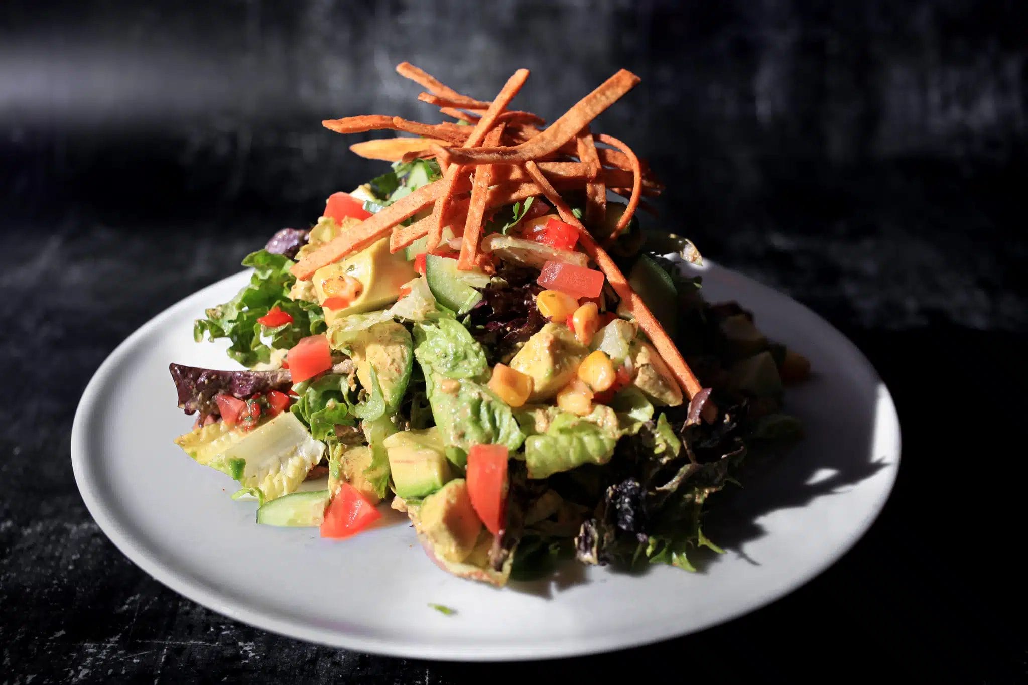 Southwest-style salad topped with avocado, tortilla strips, and fresh vegetables from El Furniture Warehouse Toronto