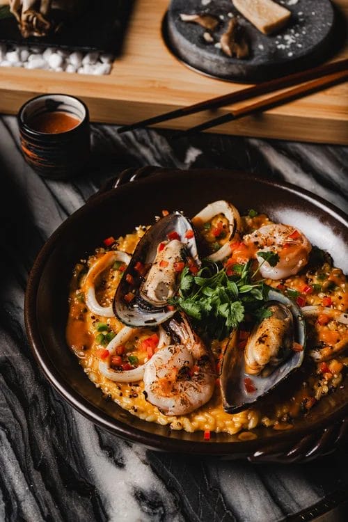 Japanese-inspired seafood risotto and upscale small plates at TOKI Listening Bar, a stylish new Toronto cocktail lounge with a vinyl listening bar atmosphere.