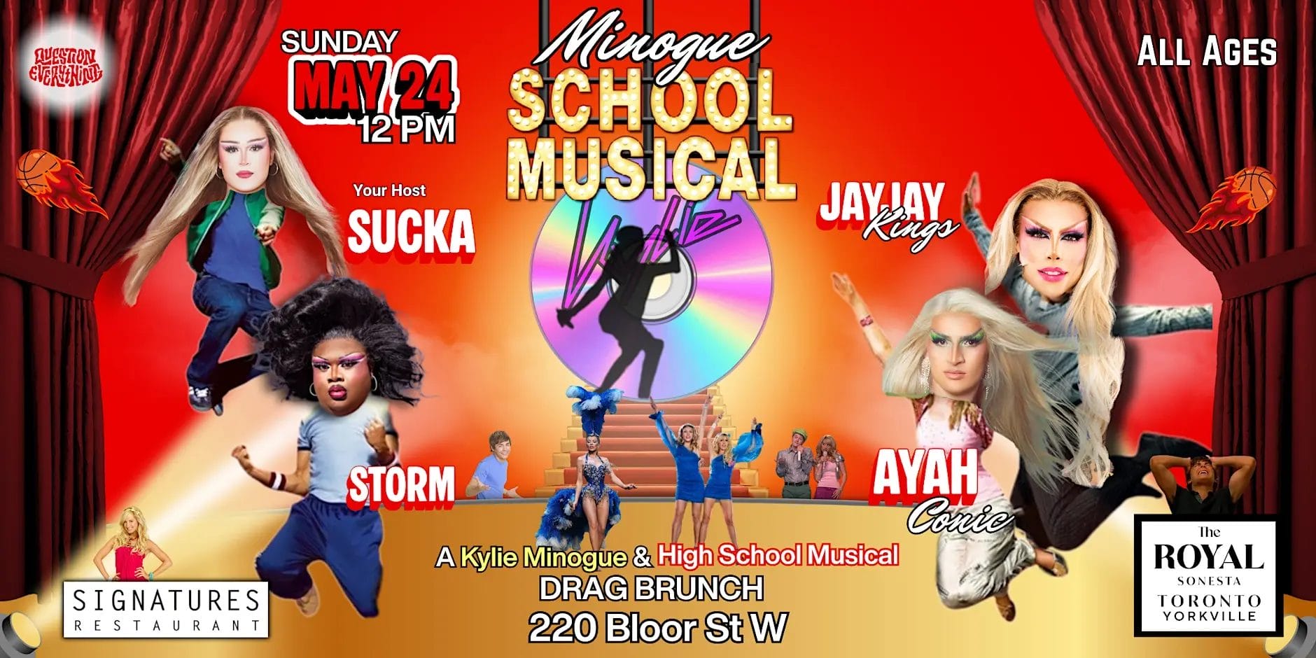 Best drag brunches in Toronto poster for a Kylie Minogue and High School Musical themed drag brunch event.