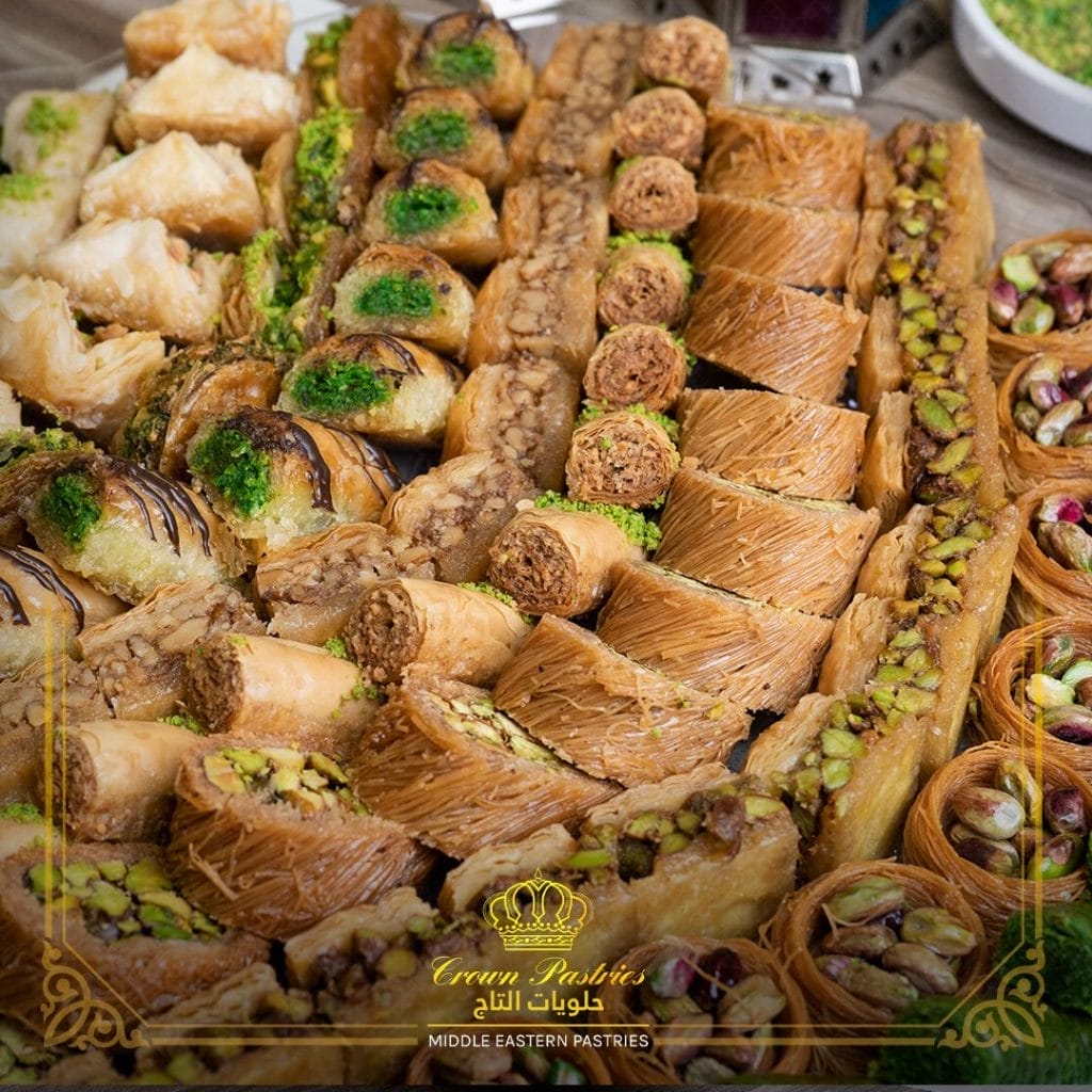 Crown Pastries specializes in Syrian sweets like baklava, kunafa, and maamoul, known for rich, traditional Middle Eastern desserts.