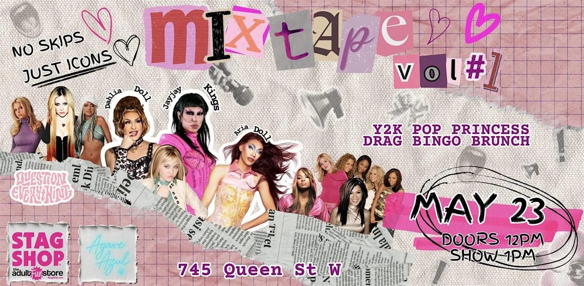 Best drag brunches in Toronto poster promoting a Y2K-inspired drag bingo brunch at Agave Azul.
