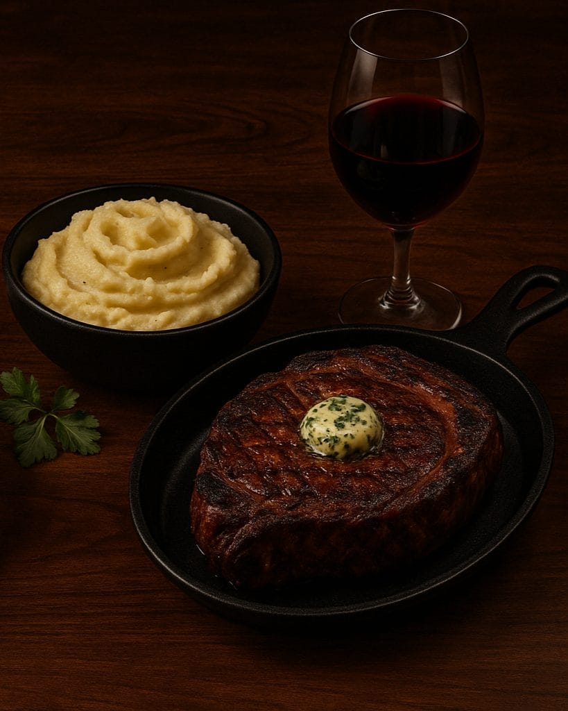 Royal Meats BarBeque in North York with grilled steaks, mashed potatoes, red wine, and herb butter served on cast iron skillets.