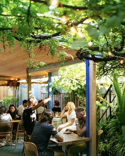 Backyard patio seating at Paradise Grapevine restaurant in Toronto with greenery and string lights
